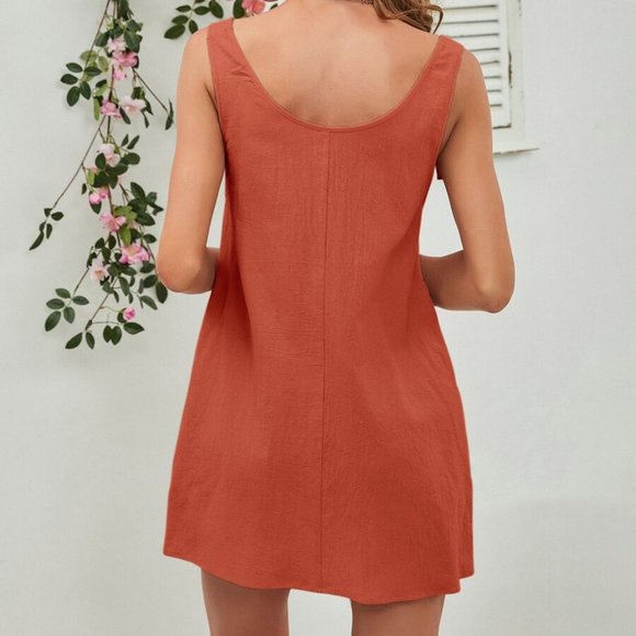 Boho Button Knot Cami Pocket Mini Dress Orange - Picture 9 of 14